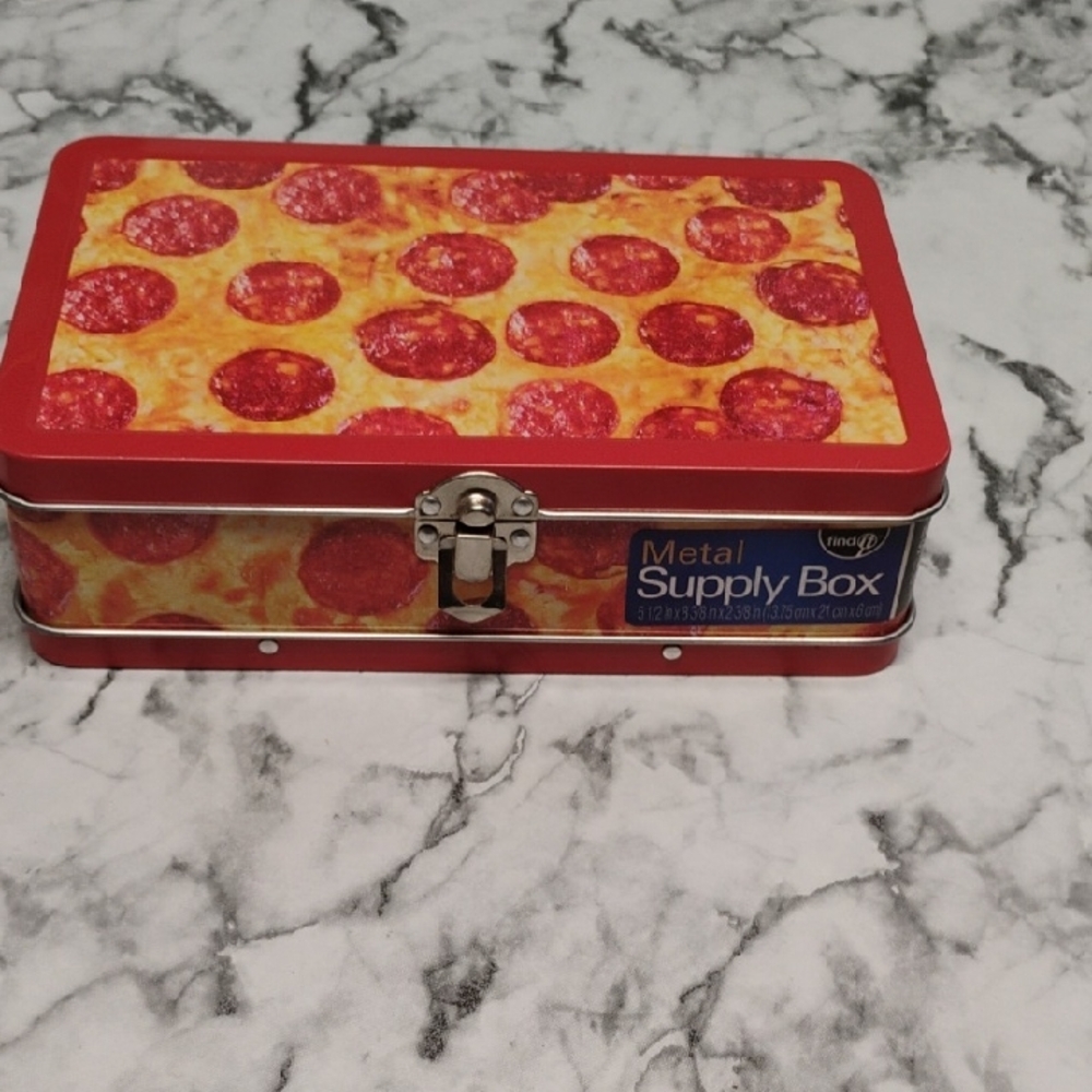 Pizza Design Metal Supply Box Multiful Scratches Under Lid And Bottom Of Box.